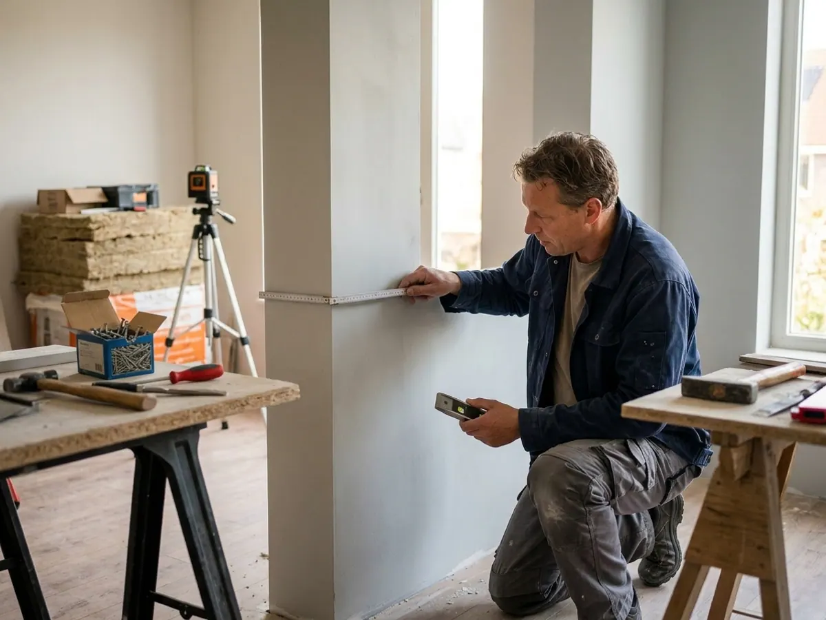 Aannemer controleert de afwerking en maatvoering van de verbouwing