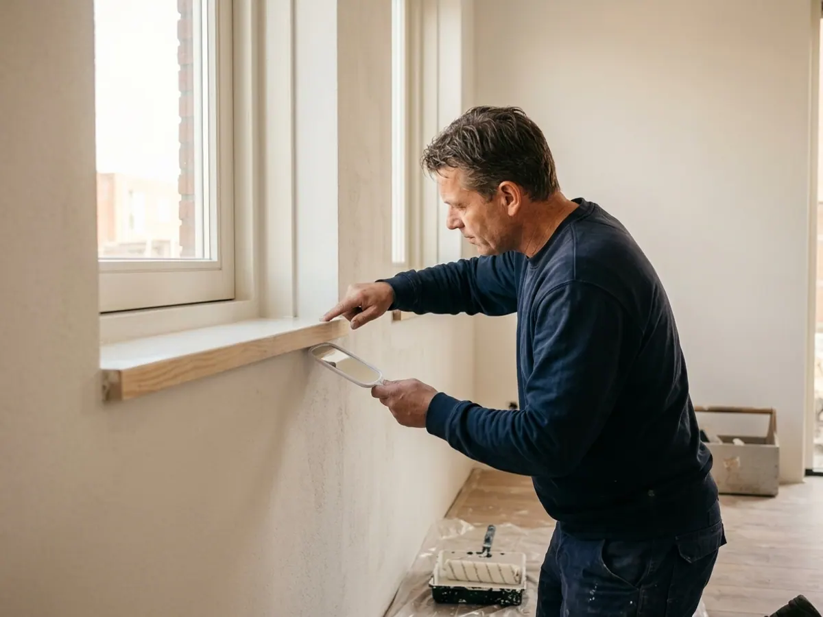 Aannemer controleert de afwerkingskwaliteit en oplevering van geschilderde kozijnen