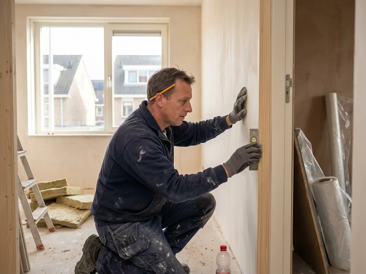 Aannemer controleert de afwerkingskwaliteit van stucwerk en aftimmering
