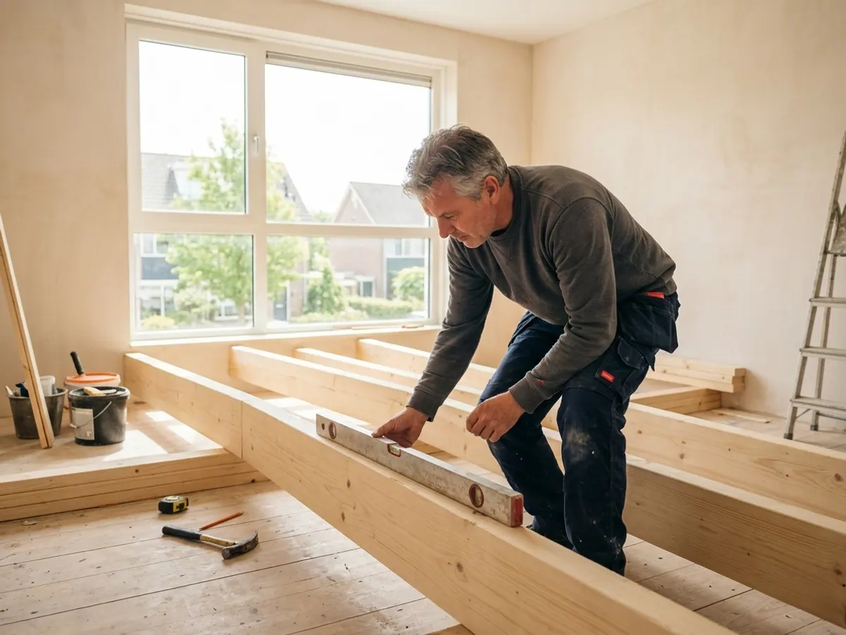 Vakman controleert constructiewerk en opleverkwaliteit bij een verbouwing