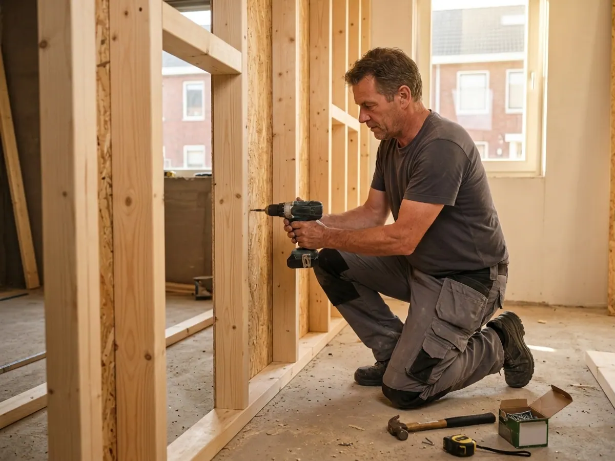 Ervaren timmerman monteert een stevige wandconstructie tijdens een woningrenovatie