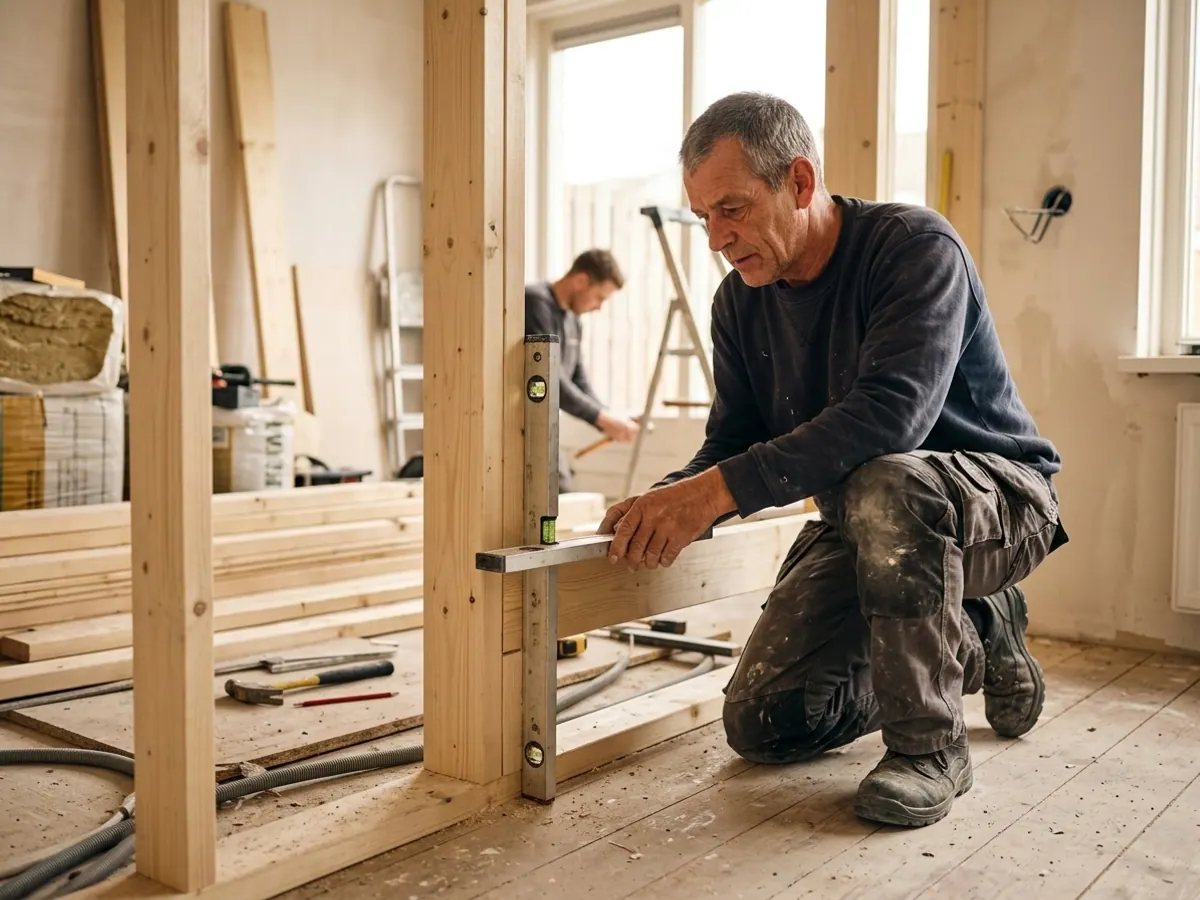 Ervaren vakman controleert nauwkeurig constructiewerk bij verbouwing