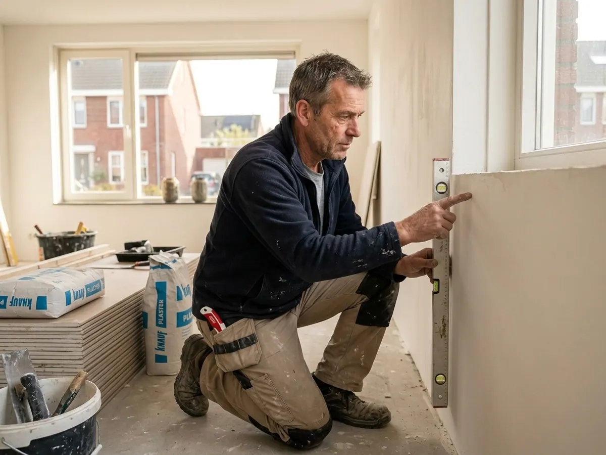 Ervaren vakman van Bouwbedrijf Land controleert stucwerk op opleverkwaliteit