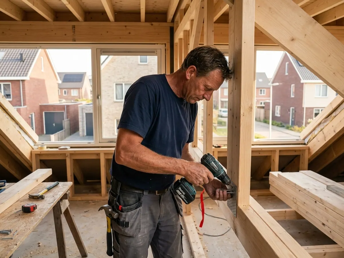 Timmerman van Bouwbedrijf Land monteert nauwkeurig een houten draagconstructie