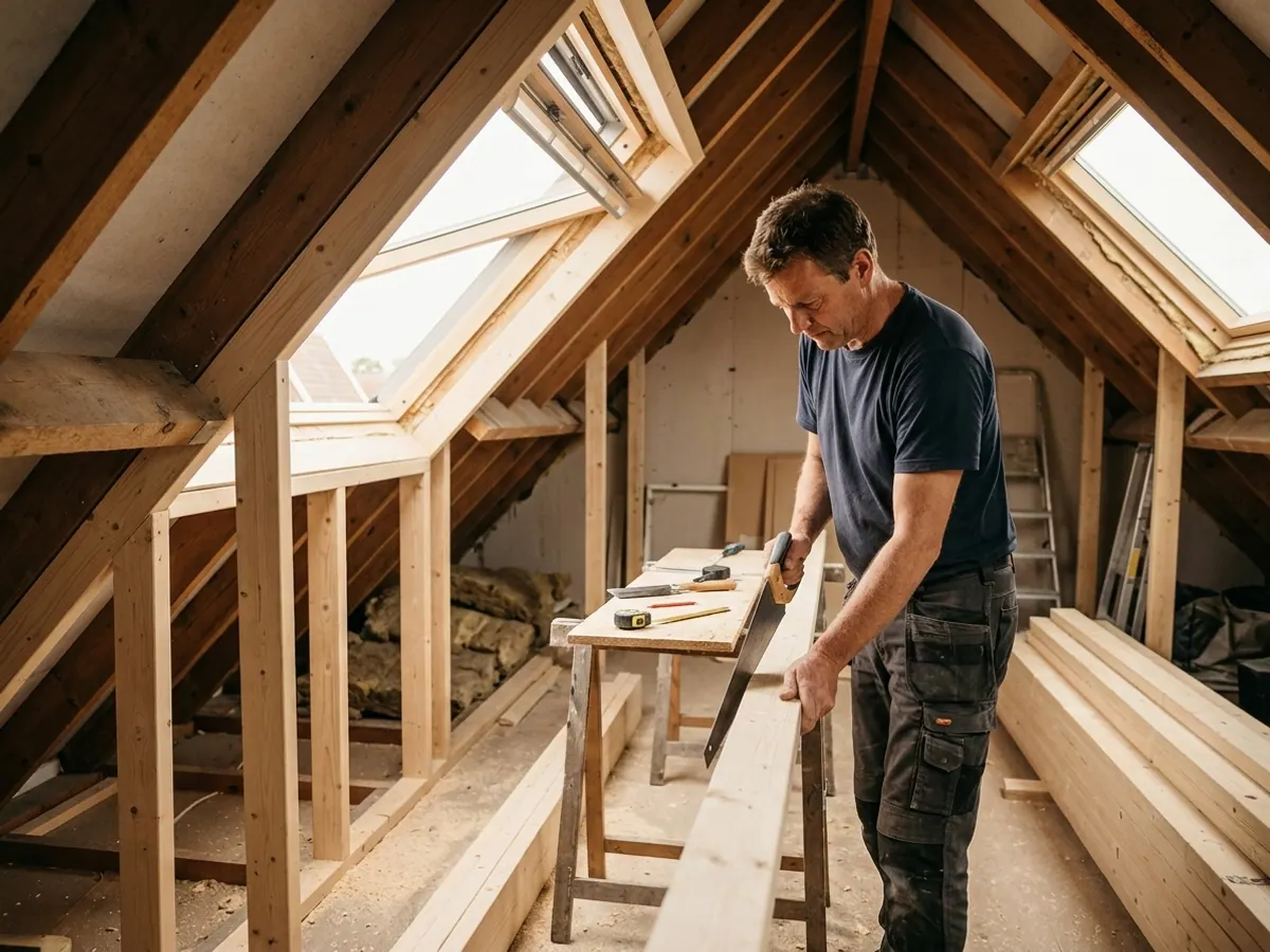 Timmerman van Bouwbedrijf Land zaagt balken op maat voor een zolderconstructie