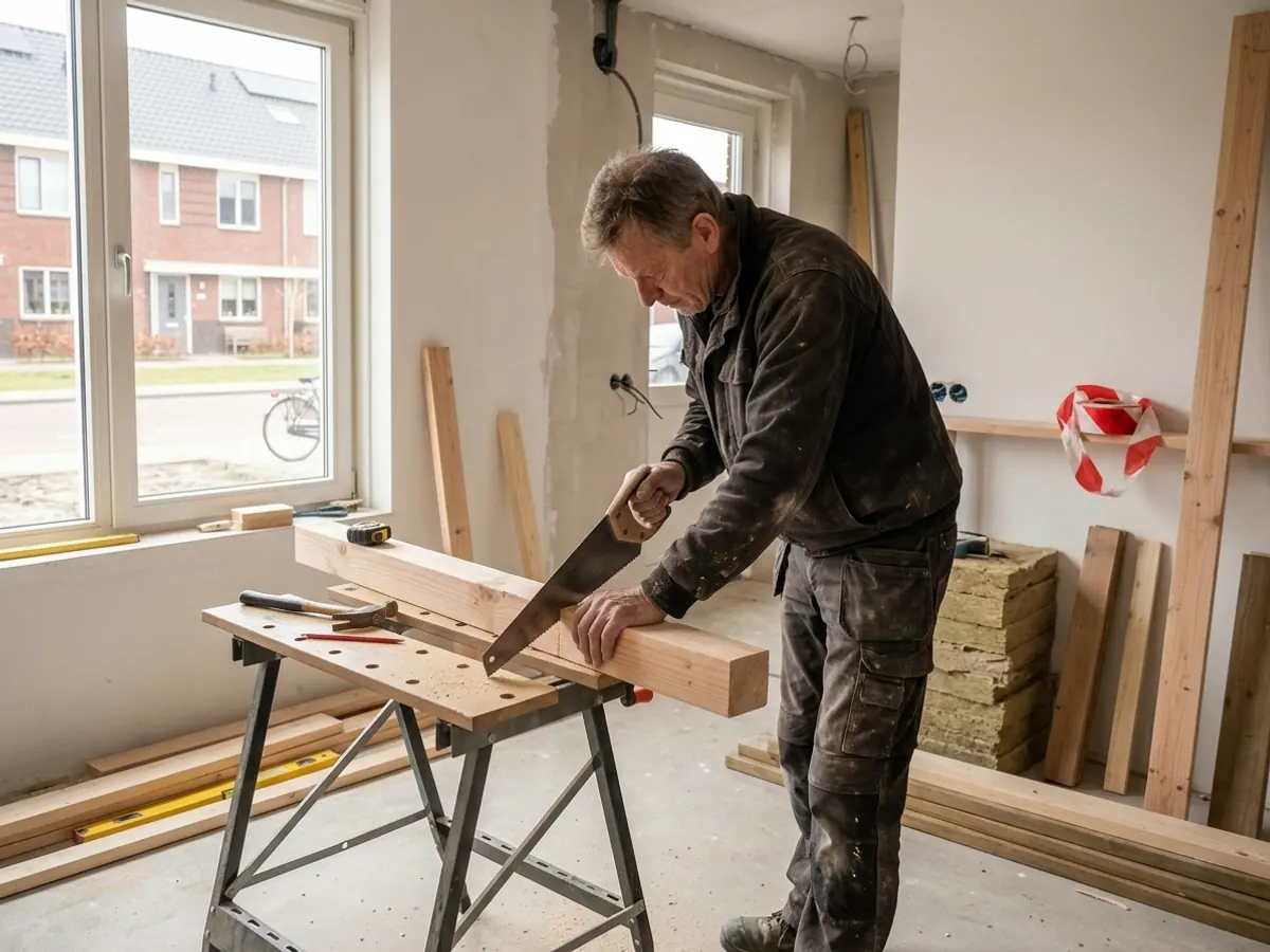 Timmerman zaagt houten balken nauwkeurig op maat voor renovatiewerkzaamheden