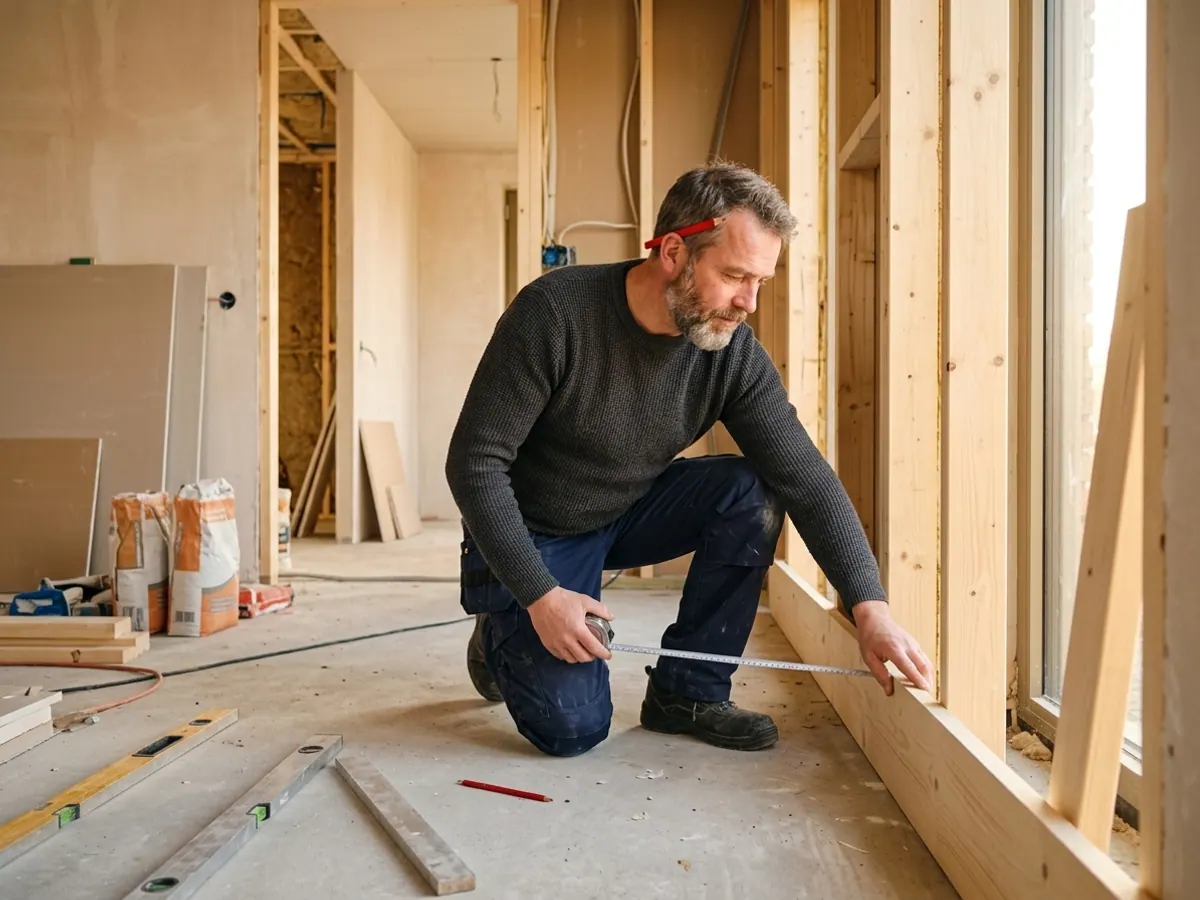 Vakman inspecteert de voorbereiding en maatvoering van wanden en houtwerk