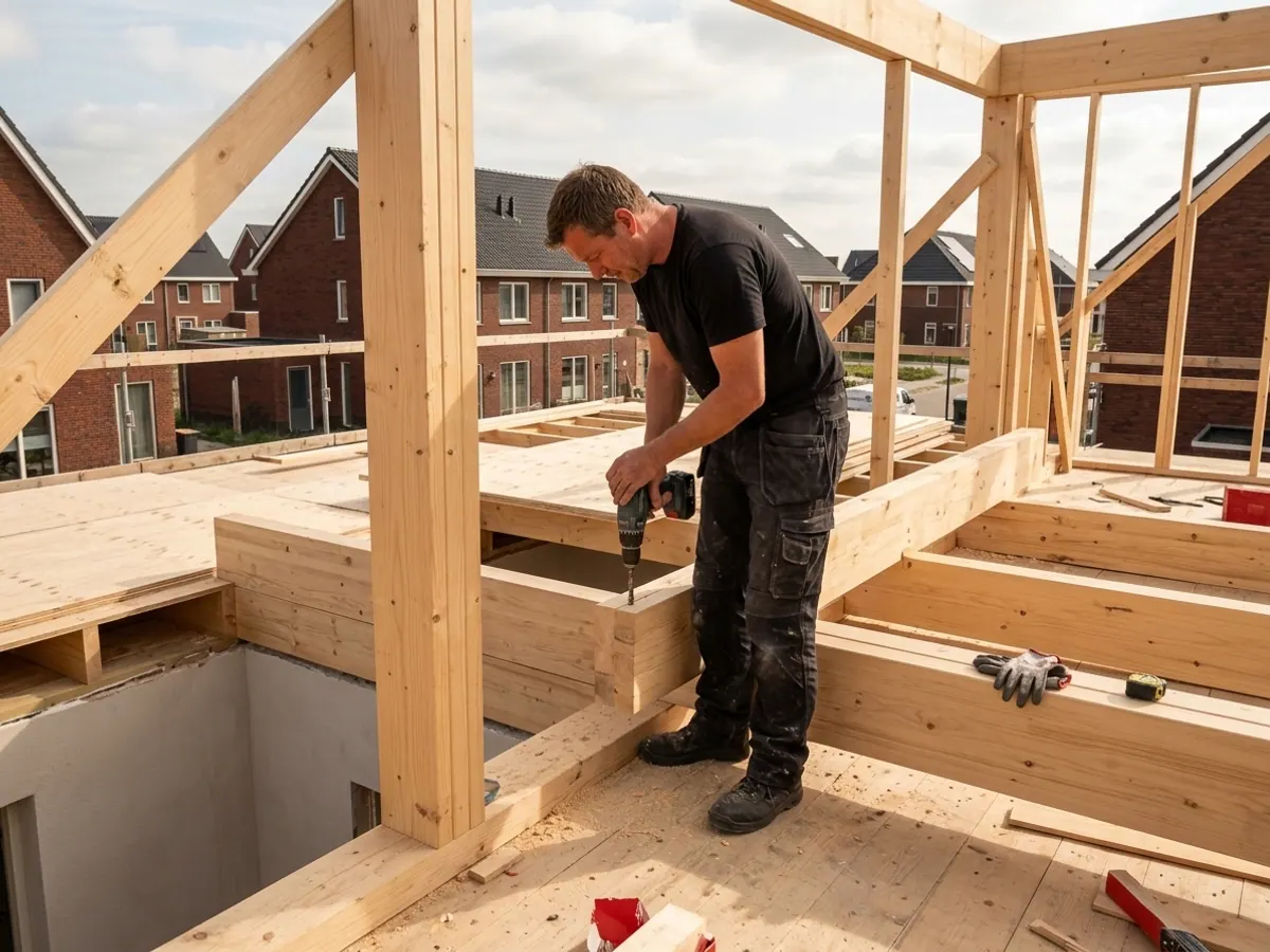 Vakman monteert een stevige houten constructie en balklaag