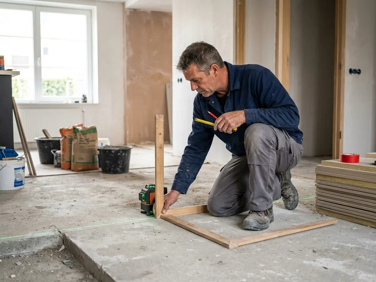 Vakman van Bouwbedrijf Land controleert de vloermaten en vlakheid van de ondergrond