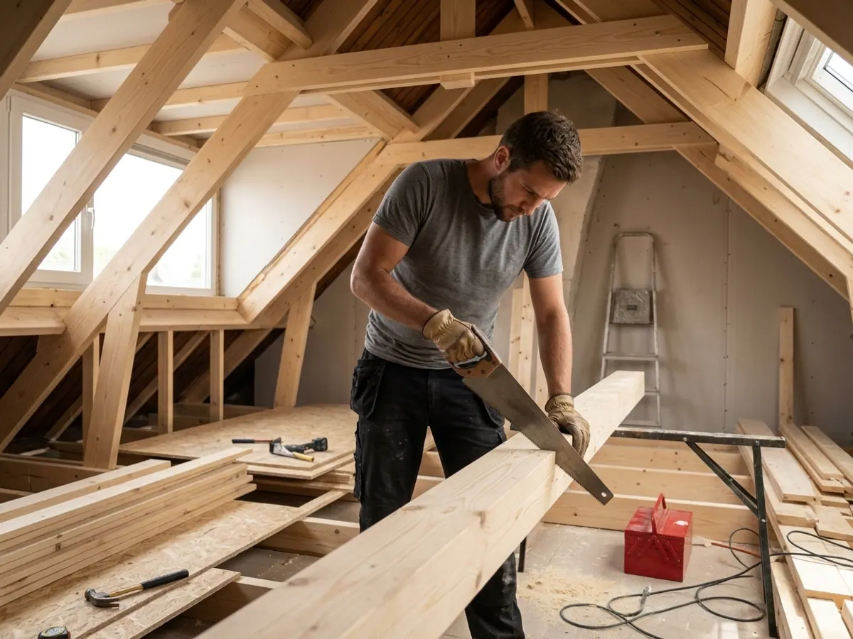 Vakman zaagt balken op maat voor een vlieringconstructie